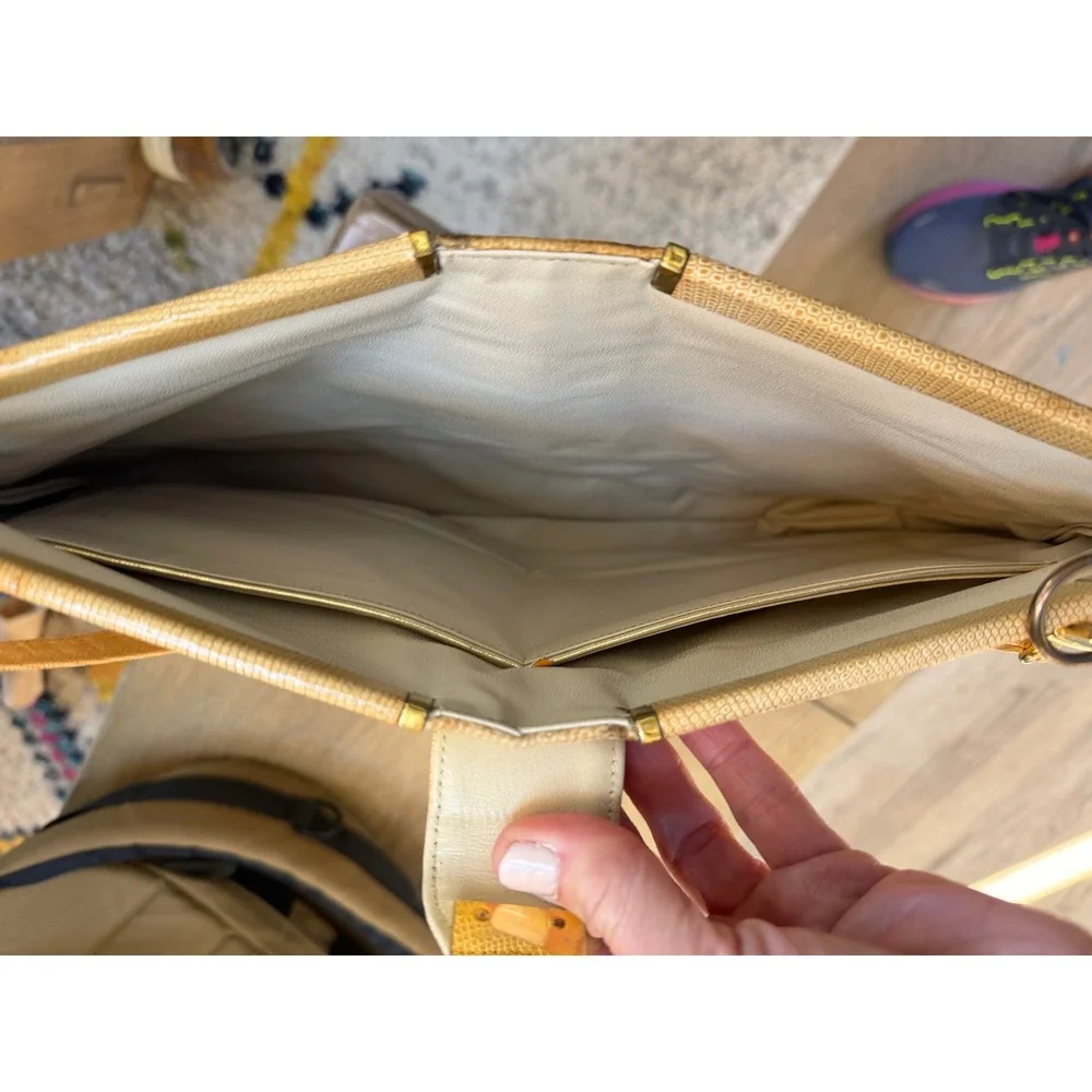 Vintage Snakeskin Patchwork‎ Handbag Gold Frame Exotic Skin Shoulder Bag Tan